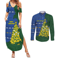 Solomon Islands Christmas Couples Matching Summer Maxi Dress and Long Sleeve Button Shirt Seashell Xmas Tree Tribal Waves - Polynesian Pride