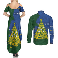 Solomon Islands Christmas Couples Matching Summer Maxi Dress and Long Sleeve Button Shirt Seashell Xmas Tree Tribal Waves DT05 - Polynesian Pride