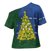 Solomon Islands Christmas Cross Shoulder Shirt Seashell Xmas Tree Tribal Waves DT05 - Polynesian Pride