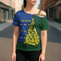 Solomon Islands Christmas Cross Shoulder Shirt Seashell Xmas Tree Tribal Waves - Polynesian Pride