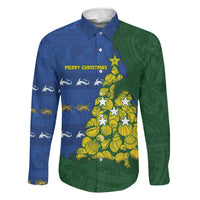 Solomon Islands Christmas Family Matching Puletasi and Hawaiian Shirt Seashell Xmas Tree Tribal Waves DT05 Dad's Shirt - Long Sleeve Navy - Polynesian Pride