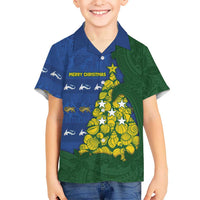 Solomon Islands Christmas Family Matching Puletasi and Hawaiian Shirt Seashell Xmas Tree Tribal Waves DT05 Son's Shirt Navy - Polynesian Pride