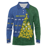 Solomon Islands Christmas Long Sleeve Polo Shirt Seashell Xmas Tree Tribal Waves - Polynesian Pride