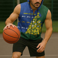 Solomon Islands Christmas Sleeveless Zip Hoodie Seashell Xmas Tree Tribal Waves - Polynesian Pride