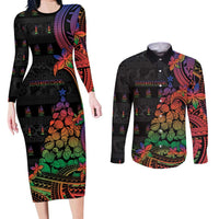 New Caledonia Christmas Couples Matching Long Sleeve Bodycon Dress and Long Sleeve Button Shirt Seashell Xmas Tree Tribal Waves - Polynesian Pride