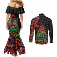 New Caledonia Christmas Couples Matching Mermaid Dress and Long Sleeve Button Shirt Seashell Xmas Tree Tribal Waves - Polynesian Pride