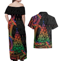 New Caledonia Christmas Couples Matching Off Shoulder Maxi Dress and Hawaiian Shirt Seashell Xmas Tree Tribal Waves - Polynesian Pride