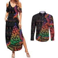 New Caledonia Christmas Couples Matching Summer Maxi Dress and Long Sleeve Button Shirt Seashell Xmas Tree Tribal Waves DT05 Black - Polynesian Pride