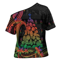 New Caledonia Christmas Cross Shoulder Shirt Seashell Xmas Tree Tribal Waves - Polynesian Pride