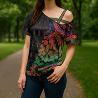 New Caledonia Christmas Cross Shoulder Shirt Seashell Xmas Tree Tribal Waves - Polynesian Pride