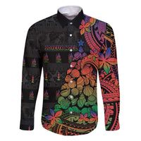 New Caledonia Christmas Family Matching Off The Shoulder Long Sleeve Dress and Hawaiian Shirt Seashell Xmas Tree Tribal Waves DT05 Dad's Shirt - Long Sleeve Black - Polynesian Pride