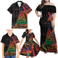 New Caledonia Christmas Family Matching Off Shoulder Maxi Dress and Hawaiian Shirt Seashell Xmas Tree Tribal Waves - Polynesian Pride