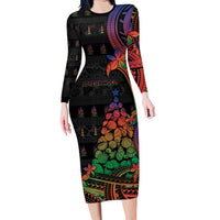 New Caledonia Christmas Long Sleeve Bodycon Dress Seashell Xmas Tree Tribal Waves - Polynesian Pride
