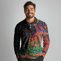 New Caledonia Christmas Long Sleeve Polo Shirt Seashell Xmas Tree Tribal Waves - Polynesian Pride