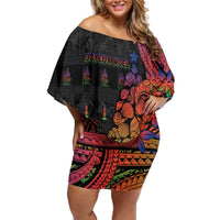 New Caledonia Christmas Off Shoulder Short Dress Seashell Xmas Tree Tribal Waves - Polynesian Pride