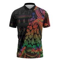New Caledonia Christmas Zipper Polo Shirt Seashell Xmas Tree Tribal Waves DT05 Black - Polynesian Pride