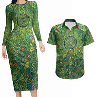 Polynesia Mother Nature Couples Matching Long Sleeve Bodycon Dress and Hawaiian Shirt Glowing Heart Spiral Tropical Vine Floral