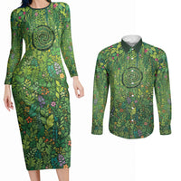 Polynesia Mother Nature Couples Matching Long Sleeve Bodycon Dress and Long Sleeve Button Shirt Glowing Heart Spiral Tropical Vine Floral
