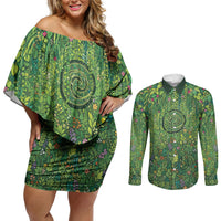 Polynesia Mother Nature Couples Matching Off Shoulder Short Dress and Long Sleeve Button Shirt Glowing Heart Spiral Tropical Vine Floral