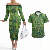 Polynesia Mother Nature Couples Matching Off The Shoulder Long Sleeve Dress and Hawaiian Shirt Glowing Heart Spiral Tropical Vine Floral