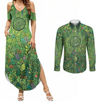Polynesia Mother Nature Couples Matching Summer Maxi Dress and Long Sleeve Button Shirt Glowing Heart Spiral Tropical Vine Floral