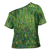 Polynesia Mother Nature Cross Shoulder Shirt Glowing Heart Spiral Tropical Vine Floral