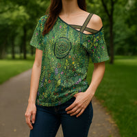 Polynesia Mother Nature Cross Shoulder Shirt Glowing Heart Spiral Tropical Vine Floral