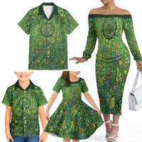 Polynesia Mother Nature Family Matching Off The Shoulder Long Sleeve Dress and Hawaiian Shirt Glowing Heart Spiral Tropical Vine Floral