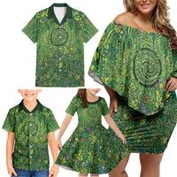 Polynesia Mother Nature Family Matching Off Shoulder Short Dress and Hawaiian Shirt Glowing Heart Spiral Tropical Vine Floral