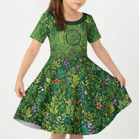Polynesia Mother Nature Kid Short Sleeve Dress Glowing Heart Spiral Tropical Vine Floral