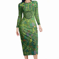 Polynesia Mother Nature Long Sleeve Bodycon Dress Glowing Heart Spiral Tropical Vine Floral