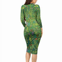 Polynesia Mother Nature Long Sleeve Bodycon Dress Glowing Heart Spiral Tropical Vine Floral