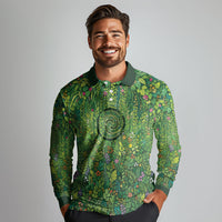 Polynesia Mother Nature Long Sleeve Polo Shirt Glowing Heart Spiral Tropical Vine Floral
