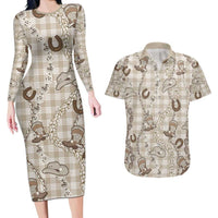 Hawaii Palaka Cowboy Couples Matching Long Sleeve Bodycon Dress and Hawaiian Shirt Shell Maile Lei With Western Patterns - Polynesian Pride