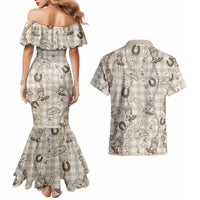 Hawaii Palaka Cowboy Couples Matching Mermaid Dress and Hawaiian Shirt Shell Maile Lei With Western Patterns - Polynesian Pride