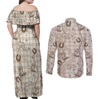 Hawaii Palaka Cowboy Couples Matching Off Shoulder Maxi Dress and Long Sleeve Button Shirt Shell Maile Lei With Western Patterns - Polynesian Pride