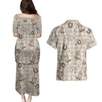 Hawaii Palaka Cowboy Couples Matching Puletasi and Hawaiian Shirt Shell Maile Lei With Western Patterns - Polynesian Pride
