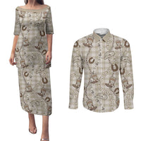 Hawaii Palaka Cowboy Couples Matching Puletasi and Long Sleeve Button Shirt Shell Maile Lei With Western Patterns DT05 Beige - Polynesian Pride