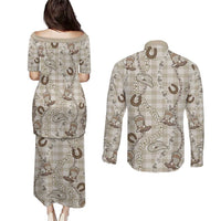 Hawaii Palaka Cowboy Couples Matching Puletasi and Long Sleeve Button Shirt Shell Maile Lei With Western Patterns DT05 - Polynesian Pride