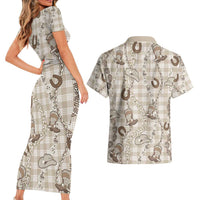 Hawaii Palaka Cowboy Couples Matching Short Sleeve Bodycon Dress and Hawaiian Shirt Shell Maile Lei With Western Patterns - Polynesian Pride