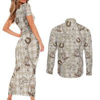 Hawaii Palaka Cowboy Couples Matching Short Sleeve Bodycon Dress and Long Sleeve Button Shirt Shell Maile Lei With Western Patterns - Polynesian Pride