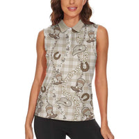Hawaii Palaka Cowboy Women Sleeveless Polo Shirt Shell Maile Lei With Western Patterns - Polynesian Pride