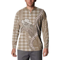 Beige Hawaii Palaka Cowboy Turtle Button Sweatshirt Hawaiian Paniolo Puakenikeni Maile Lei - Polynesian Pride