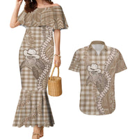 Beige Hawaii Palaka Cowboy Turtle Couples Matching Mermaid Dress and Hawaiian Shirt Hawaiian Paniolo Puakenikeni Maile Lei - Polynesian Pride
