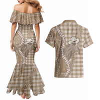 Beige Hawaii Palaka Cowboy Turtle Couples Matching Mermaid Dress and Hawaiian Shirt Hawaiian Paniolo Puakenikeni Maile Lei - Polynesian Pride