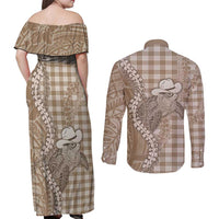 Beige Hawaii Palaka Cowboy Turtle Couples Matching Off Shoulder Maxi Dress and Long Sleeve Button Shirt Hawaiian Paniolo Puakenikeni Maile Lei - Polynesian Pride