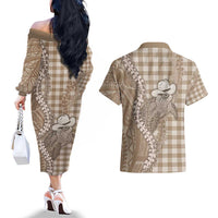 Beige Hawaii Palaka Cowboy Turtle Couples Matching Off The Shoulder Long Sleeve Dress and Hawaiian Shirt Hawaiian Paniolo Puakenikeni Maile Lei - Polynesian Pride