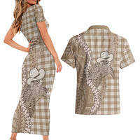 Beige Hawaii Palaka Cowboy Turtle Couples Matching Short Sleeve Bodycon Dress and Hawaiian Shirt Hawaiian Paniolo Puakenikeni Maile Lei - Polynesian Pride