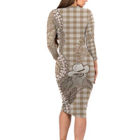 Beige Hawaii Palaka Cowboy Turtle Family Matching Long Sleeve Bodycon Dress and Hawaiian Shirt Hawaiian Paniolo Puakenikeni Maile Lei - Polynesian Pride