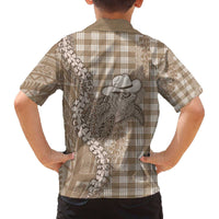 Beige Hawaii Palaka Cowboy Turtle Family Matching Off The Shoulder Long Sleeve Dress and Hawaiian Shirt Hawaiian Paniolo Puakenikeni Maile Lei - Polynesian Pride